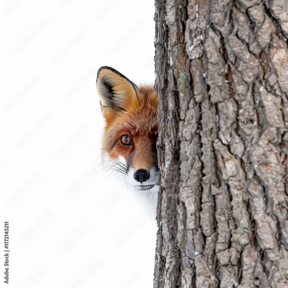 Naklejka premium A clever fox peeking from behind a tree, isolated in white, white background