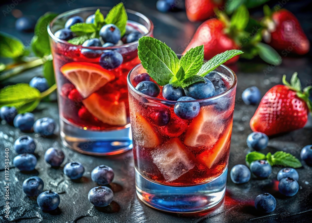 High-resolution close-up: vibrant blue & red berry summer cocktails, garnished with mint, ice, and ginger. High-resolution close-up: vibrant blue & red berry summer cocktails, garnished with mint, ice, and ginger.