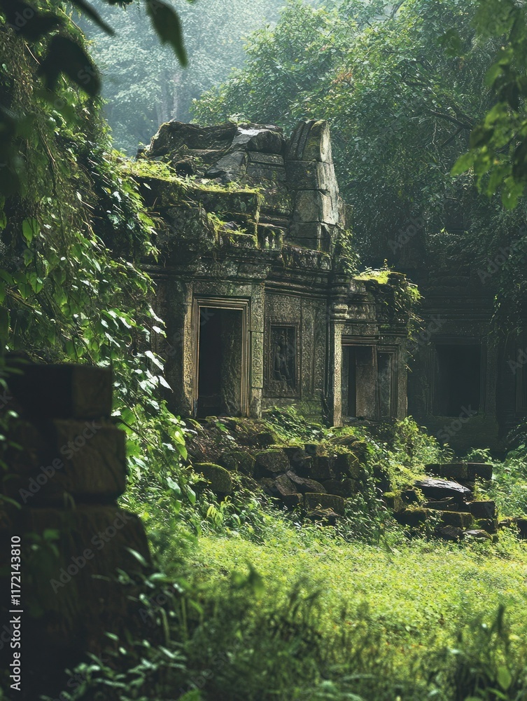 Ancient Temple Ruins Reclaimed by Jungle, A Serene, Mossy Stone Structure Partially Hidden Amongst Lush Greenery and Dense Foliage Ancient Temple Ruins Reclaimed by Jungle, A Serene, Mossy Stone Structure Partially Hidden Amongst Lush Greenery and Dense Foliage