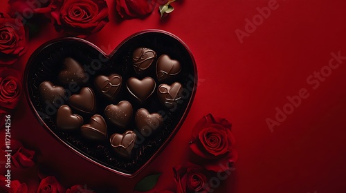 A close-up of a romantic Valentine's Day heart-shaped chocolate box filled with chocolates and paired with roses on a vibrant red background with space for text photo