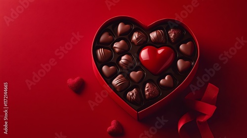 A close-up of a romantic heart-shaped gift box filled with chocolates and adorned with a red ribbon, placed on a vivid red backdrop with ample text space photo