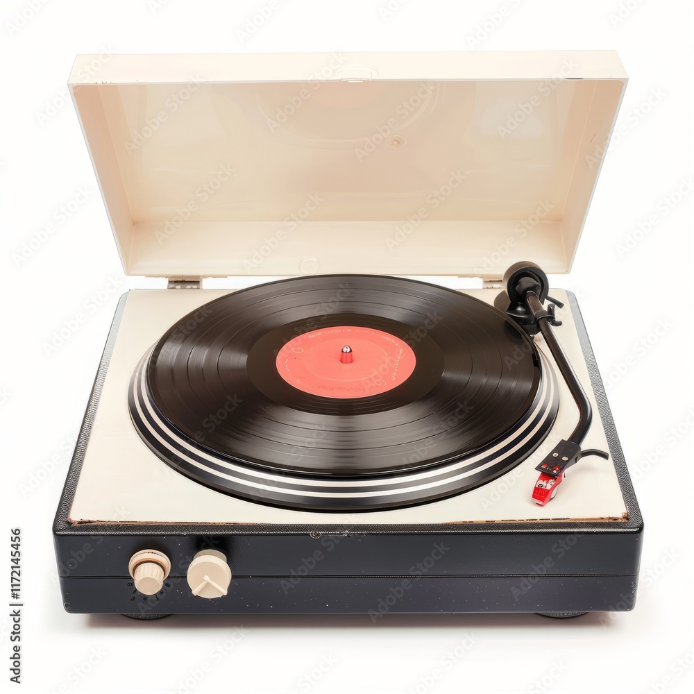 Fototapeta premium A classic vinyl record player with records, isolated in white, white background