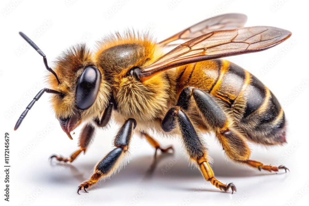 Isolated honeybee image: stunning detail, high-resolution macro photography against a clean white background. Isolated honeybee image: stunning detail, high-resolution macro photography against a clean white background.