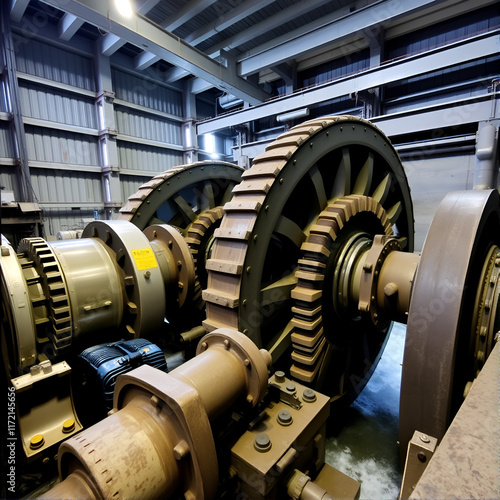 Inside the hydro plant large turbines spin silently generating power from the force of water in a clean and renewable energy process. photo