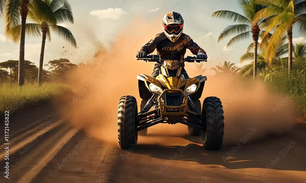 A rider skillfully maneuvers an ATV on a dusty track, kicking up dirt and showcasing the thrill of off-road sports. A rider skillfully maneuvers an ATV on a dusty track, kicking up dirt and showcasing the thrill of off-road sports.