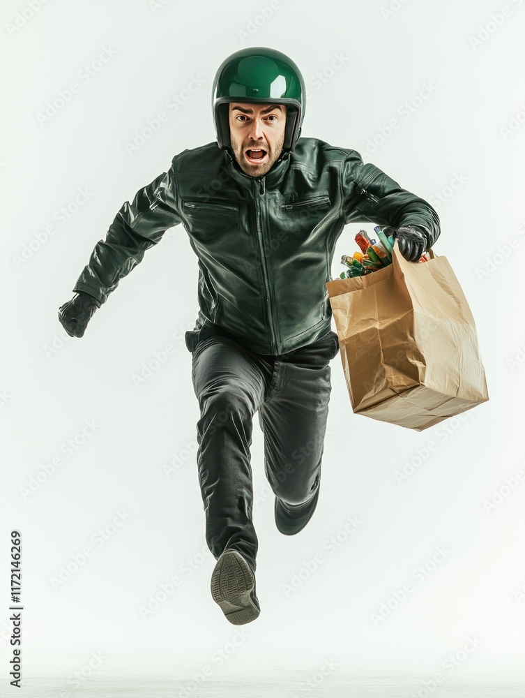 Urgent Delivery, Motorcyclist in mid-air dashes with grocery bag, a comical race against time and gravity, fueled by the need for speedy arrival, Urgent Delivery, Motorcyclist in mid-air dashes with grocery bag, a comical race against time and gravity, fueled by the need for speedy arrival,