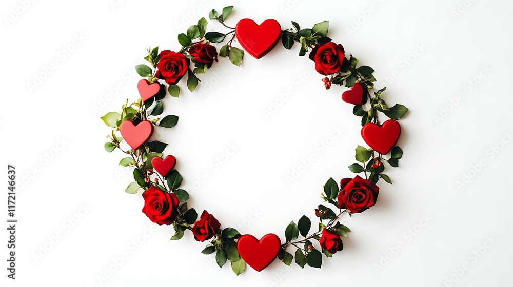 Obraz premium A colorful Valentine's wreath featuring red hearts and roses surrounding bold Happy Valentine's Day text on a clean white background