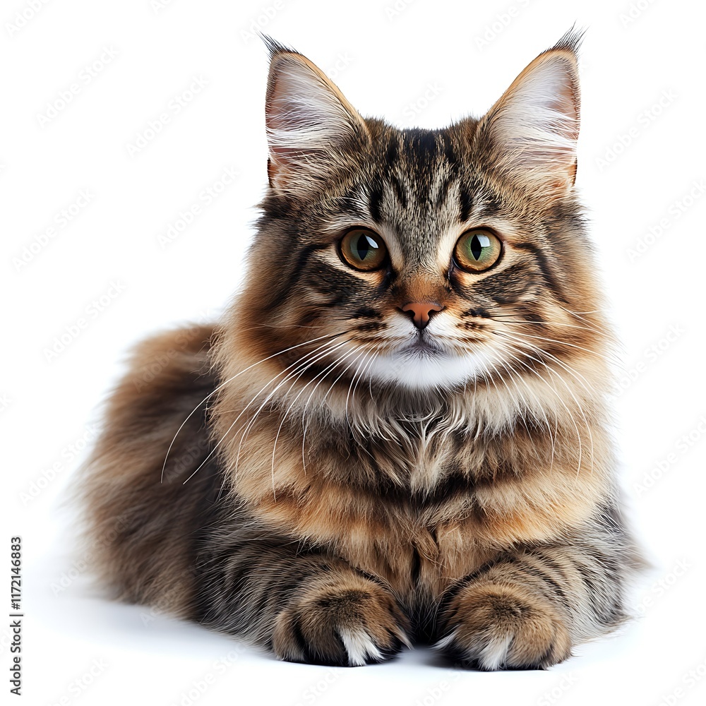Fluffy tabby cat lying, white background, pet portrait, website banner. Fluffy tabby cat lying, white background, pet portrait, website banner.