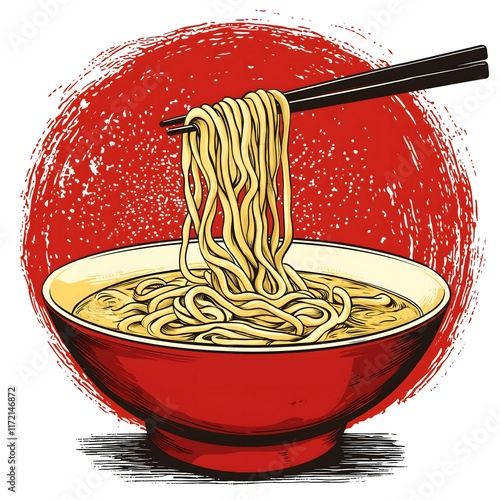 Ramen Noodle Bowl Illustration: Cartoon-style Asian Cuisine with Steaming Broth and Chopsticks
