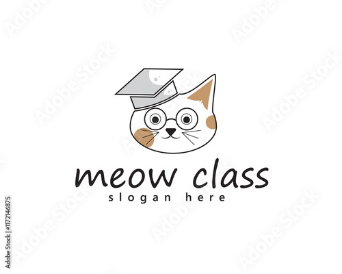 cat wearing graduation cap complete with glasses cute simple logo design