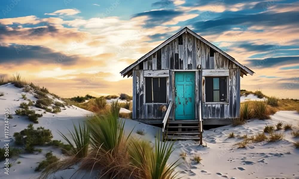 A rustic beach house with a turquoise door stands amidst sandy dunes and grass, illuminated by a vibrant sunset sky. Ideal for relaxation and coastal living. A rustic beach house with a turquoise door stands amidst sandy dunes and grass, illuminated by a vibrant sunset sky. Ideal for relaxation and coastal living.