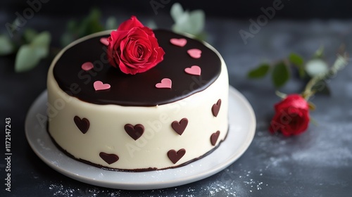 A minimalist white cake with dark chocolate icing and subtle heart motifs, complemented by a single red rose photo