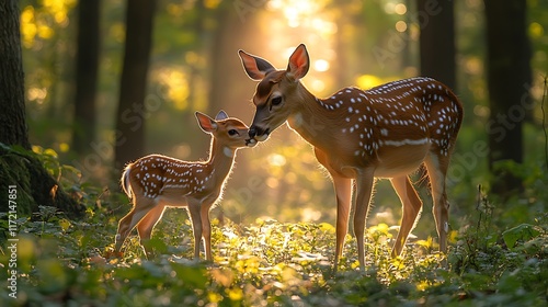A fawn and its mother in a sunlit forest setting.