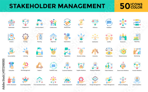 Stakeholder Management icon set with stakeholder, engagement, communication, collaboration, relationship, trust, influence, feedback, mapping, prioritization icon. Simple flat color vector 
