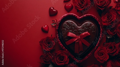 A decorative Valentine's Day photo of a heart-shaped chocolate box tied with a red ribbon and surrounded by roses on a vivid red background with space for text photo