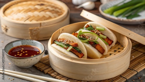 Bamboo Steamer Filled with Mini Gua Bao and Dipping Sauce
