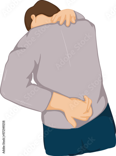 Cartoon drawing of a man with pain in the back, neck pain from work. Health care and medicine concept.vector illustration.