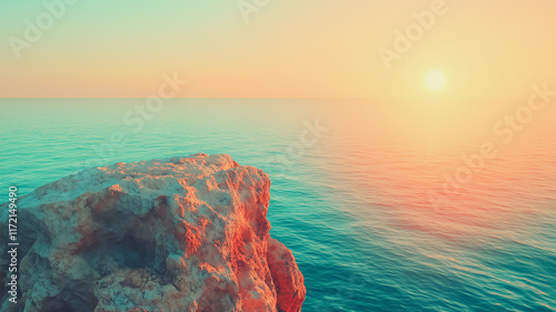 Sunset Ocean Cliff: Serene coastal scene at sunset, featuring a rocky cliff overlooking a tranquil ocean. The warm sunset colors cast a golden glow on the water. photo