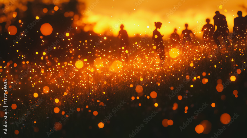 Obraz premium A group of people are running through a field of glowing sparks