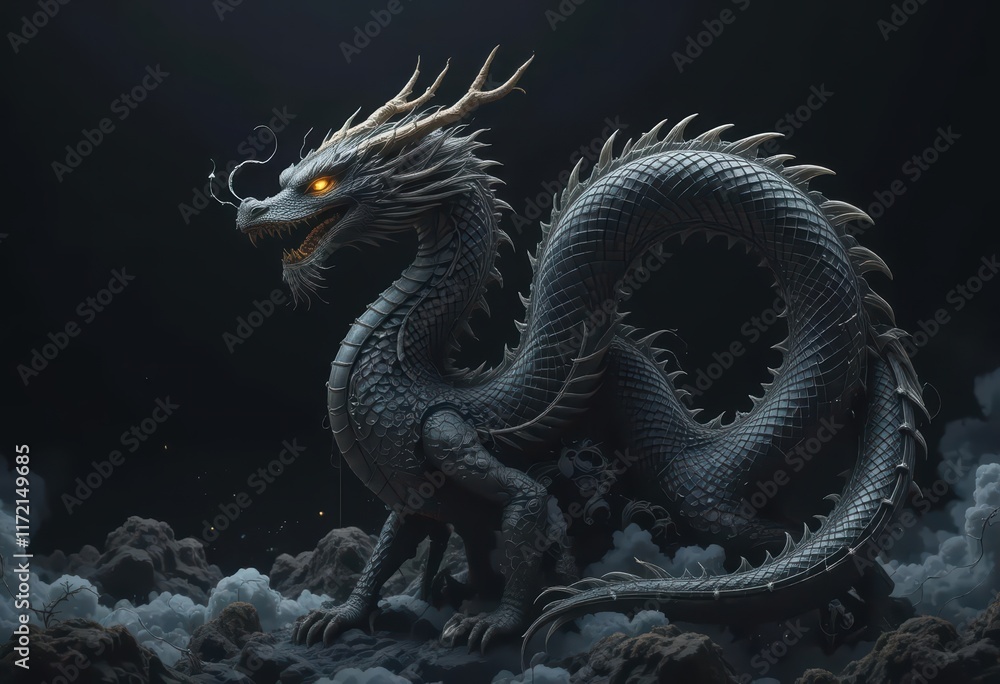 Obraz premium Majestic Asian Dragon in Dramatic Dark Setting