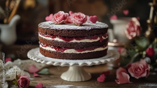 A nostalgic chocolate sponge cake with layers of rose jam and dusted with powdered sugar hearts photo