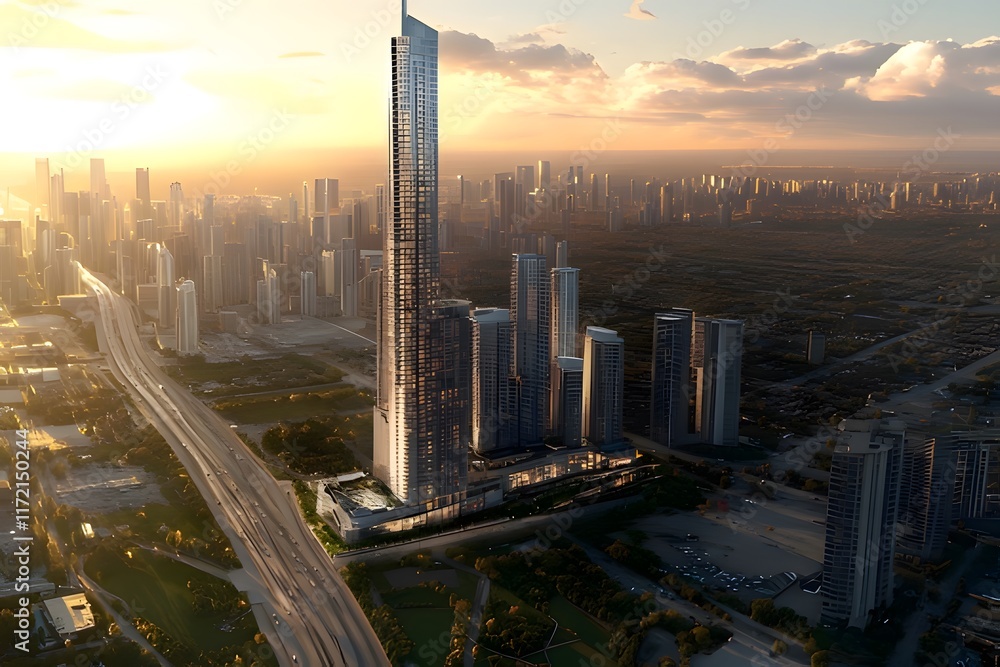 Obraz premium Aerial view of a modern skyscraper amidst a city skyline during sunset.