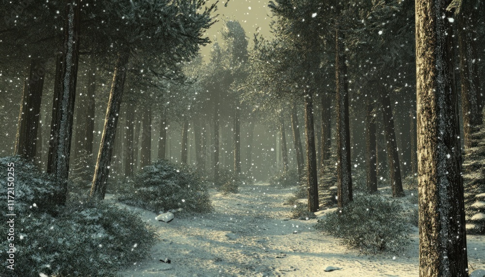 A Snowy Path Through a Forest of Pine Trees, as Gentle Snowflakes Fall in the Still of Winter, Creating a Serene and Tranquil Scene A Snowy Path Through a Forest of Pine Trees, as Gentle Snowflakes Fall in the Still of Winter, Creating a Serene and Tranquil Scene
