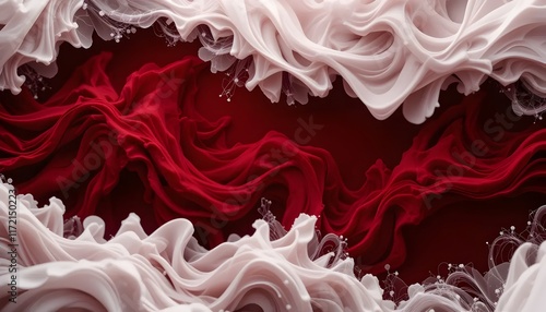 Abstract flowing ribbons of red and white fabric create a visually striking and fluid composition against a deep crimson backdrop photo