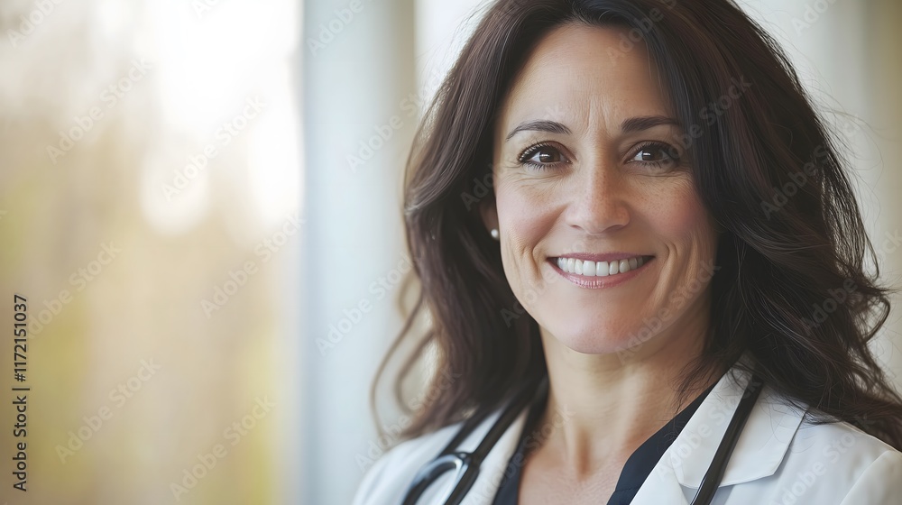 Portrait of a cheerful brown-haired female doctor, wearing a white coat and a stethoscope, smiling warmly in a medical office. World Women in Medicine Day Portrait of a cheerful brown-haired female doctor, wearing a white coat and a stethoscope, smiling warmly in a medical office. World Women in Medicine Day