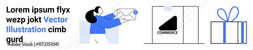 Woman receiving an envelope, a packaged parcel labeled Commerce, and a gift box. Ideal for e-commerce, customer service, delivery services, online shopping, business growth, marketing strategies