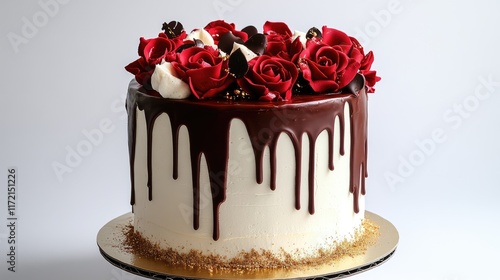 A red velvet chocolate cake with a chocolate drip effect, adorned with fondant roses and gold dust photo