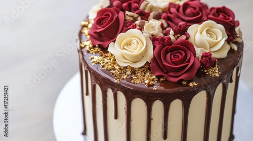 A red velvet chocolate cake with a chocolate drip effect, adorned with fondant roses and gold dust photo