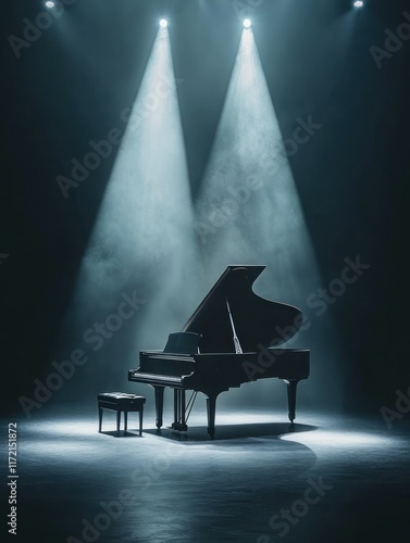 A Grand Piano Under Twin Spotlights, Awaits the Musician, Ready for a Mesmerizing Performance on a Dark Stage, Surrounded by Hazy Illumination,