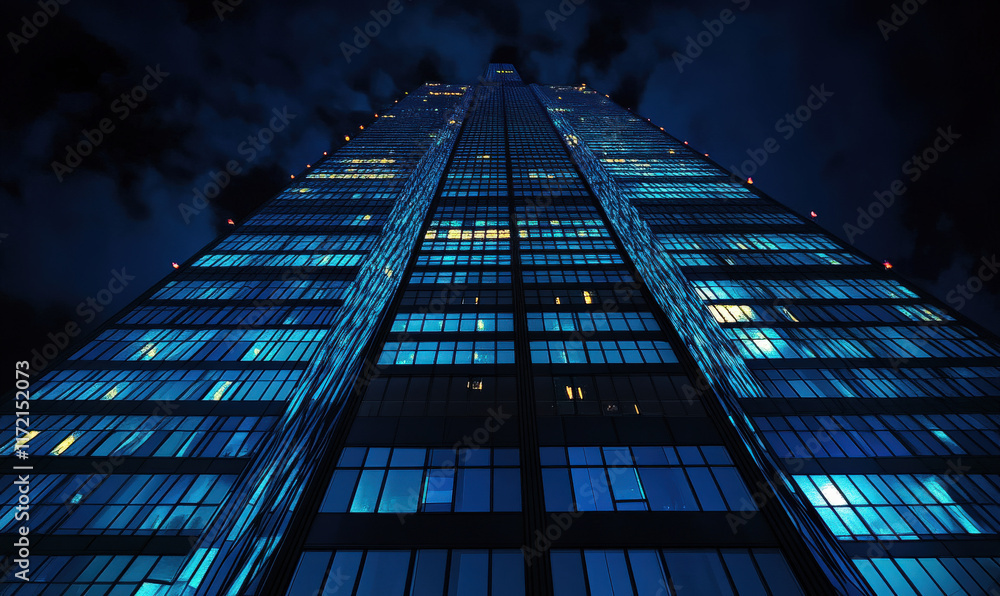 At night, a blue skyscraper in the city At night, a blue skyscraper in the city