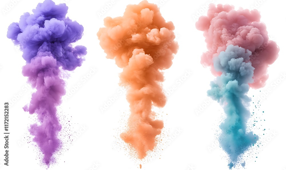 Fototapeta premium Set of colorful smoke explosions and blasts isolated on white background