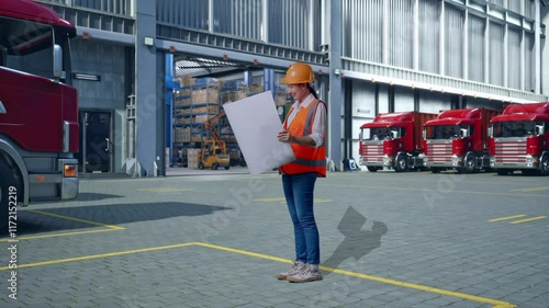 Full Body Side View Of Asian Female Engineer With Safety Helmet Looking At Blueprint In Her Hands And Looking Around, Outside of Logistics Distributions Warehouse photo