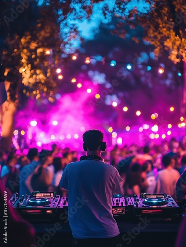 DJ under vibrant lights, weaving a sonic tapestry for the crowd at an outdoor night festival, the air thick with energy and illuminated by the glow of party lights