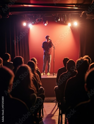 A Comedian Takes Center Stage Under Warm Stage Lights, Delivering a Performance to a Captivated Audience in a Dark Intimate Venue,