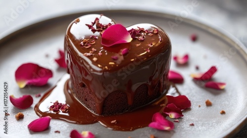 A single-serving heart-shaped chocolate cake with a glossy caramel glaze and edible rose petals photo