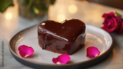 A single-serving heart-shaped chocolate cake with a glossy caramel glaze and edible rose petals photo