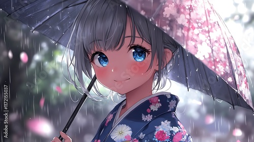 A cute girl with gray hair, wearing an elegant kimono and holding an umbrella in her hand. She has blue eyes and is smiling sweetly at the camera. The background color of the anime-sty  photo