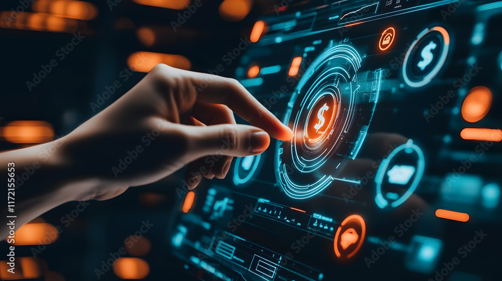Hand Interacting with Futuristic Digital Finance Interface Displaying Currency Symbol and Data Analytics in Modern Technology Hand Interacting with Futuristic Digital Finance Interface Displaying Currency Symbol and Data Analytics in Modern Technology