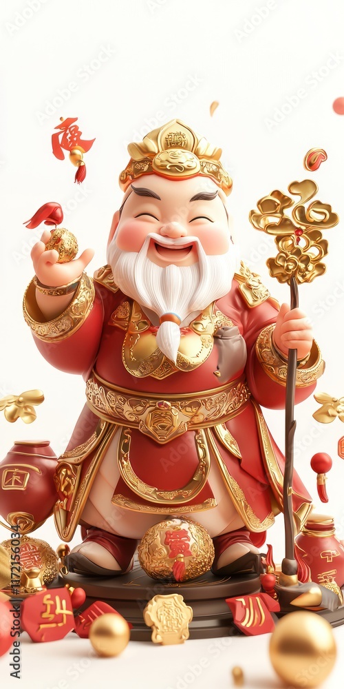 Fototapeta premium Joyful Chinese God of Wealth Figurine 3D Render Festive Gold Red Prosperity New Year