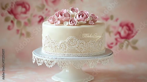 Elegant floral cake, studio shot, rose backdrop, celebration. photo