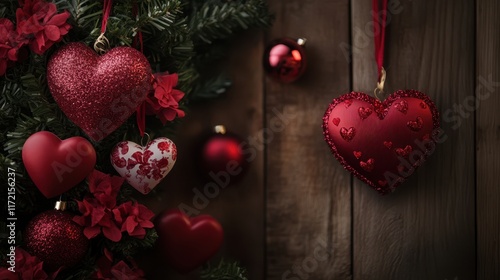 A beautifully decorated tree adorned with numerous red and white ornaments, creating a festive atmosphere perfect for Valentine's Day celebrations.