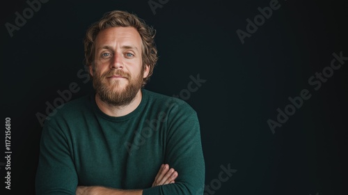 Smiling Man in Green Sweater Against Dark Background