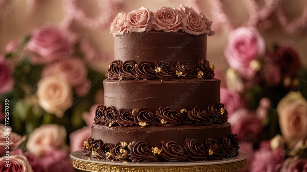 A tiered chocolate cake with intricate piping and edible gold accents, set against a backdrop of soft pink roses A tiered chocolate cake with intricate piping and edible gold accents, set against a backdrop of soft pink roses