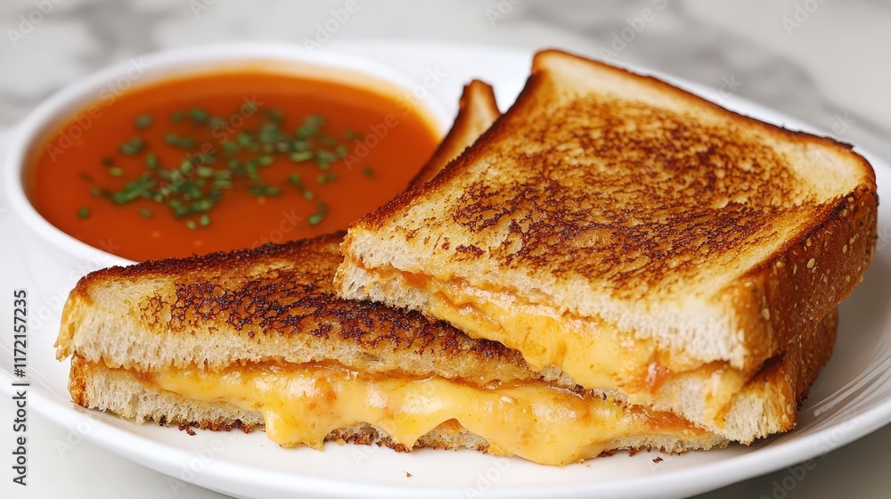 Delicious grilled cheese sandwich with tomato soup kitchen food photography cozy environment close-up view Delicious grilled cheese sandwich with tomato soup kitchen food photography cozy environment close-up view