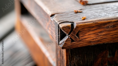 A close-up view of a handcrafted wooden joint, featuring intricate detailing and a traditional design that highlights craftsmanship and natural textures.