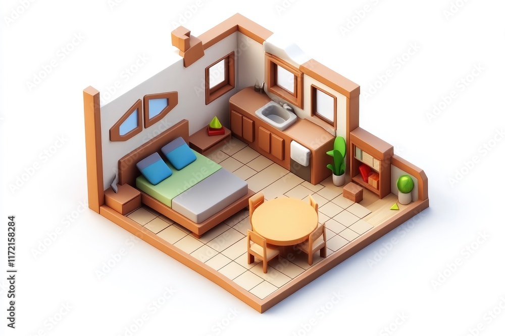 Fototapeta premium A cozy isometric room featuring a bed, kitchen, dining table, and greenery.